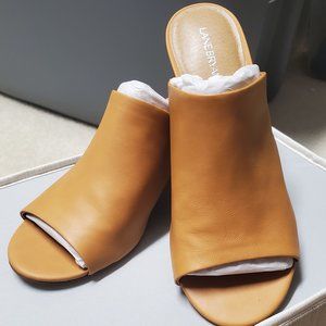 Lane Bryant tan open toe slide w/block heels, sz 9W
